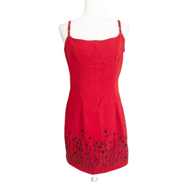 Vintage Y2K City Triangles Red Spaghetti Strap Floral Embroidered Mini Dress Siz - Picture 1 of 11
